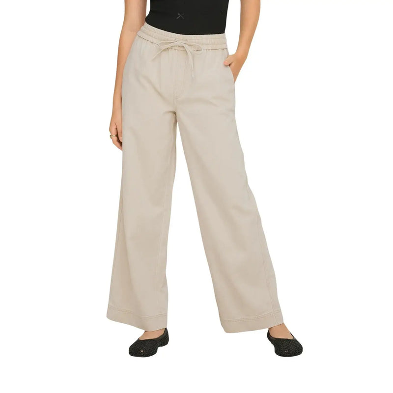 Beige only women trousers in cotton lyocell with wide-leg design and drawstring waistband laces 15367380