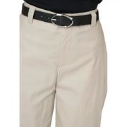 Black leather belt with silver-toned oval buckle paired with only women beige cotton stretch trousers size 30