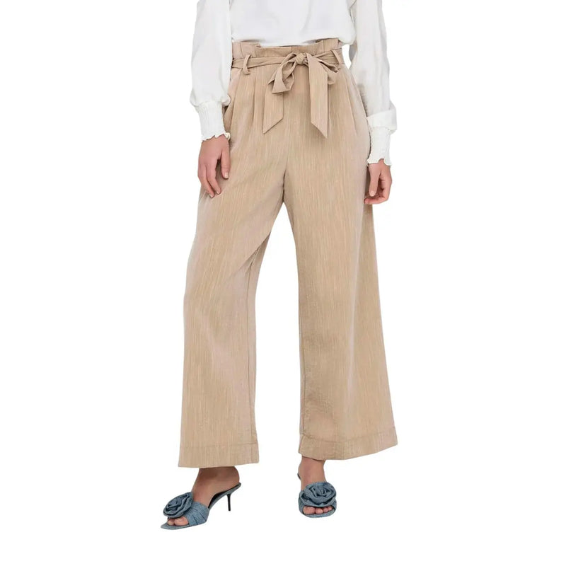 Beige viscose blend high-waisted wide-leg Only women trousers with self-tie belt lace front pockets and ribbed texture
