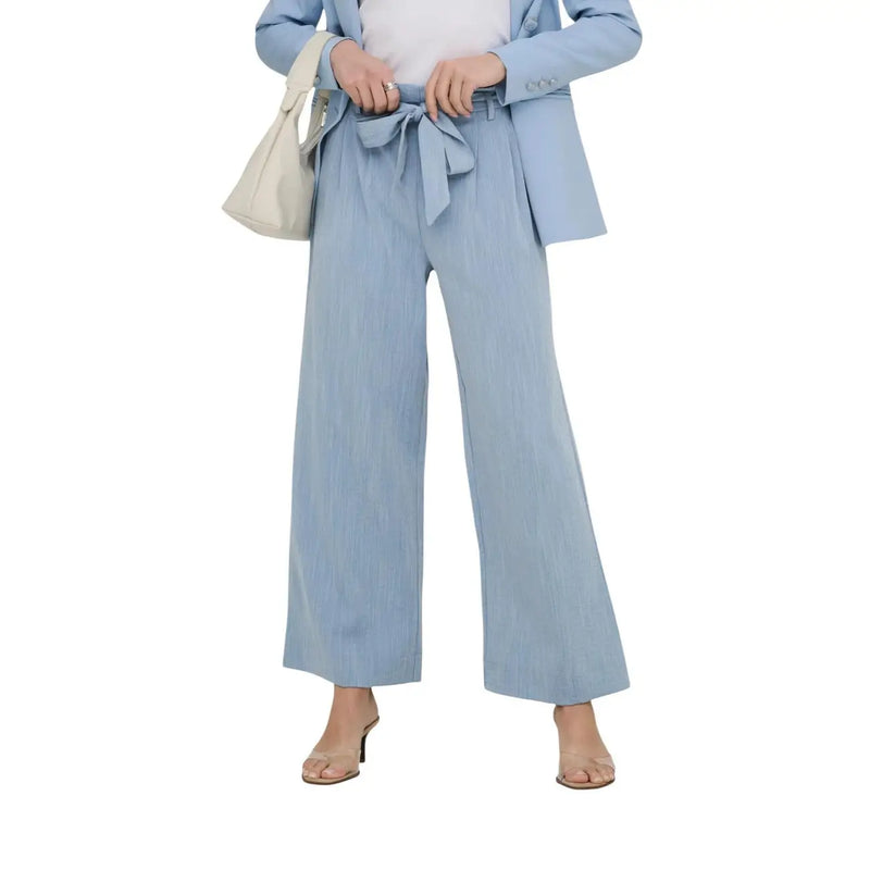 Light blue wide-leg trousers with a tied waistband made from viscose blend with lace front pockets