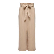 Beige high-waisted wide-leg only women trousers with lace front pockets and self-tie belt in viscose blend