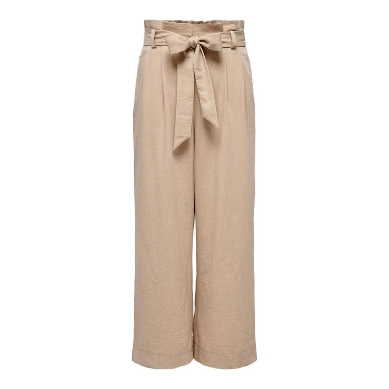 Beige high-waisted wide-leg only women trousers with lace front pockets and self-tie belt in viscose blend