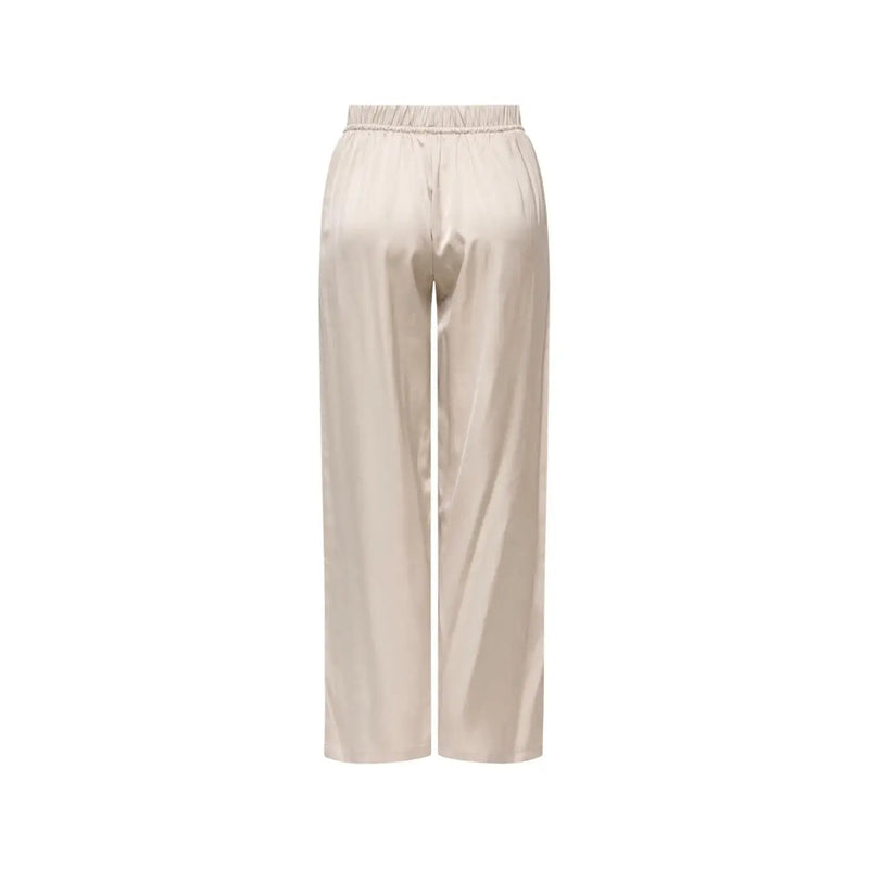 Beige satin wide-leg trousers for women with elastic waistband made from polyester and viscose blend