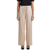 Beige polyester viscose wide-leg trousers for women with elastic waistband and matching drawstring laces