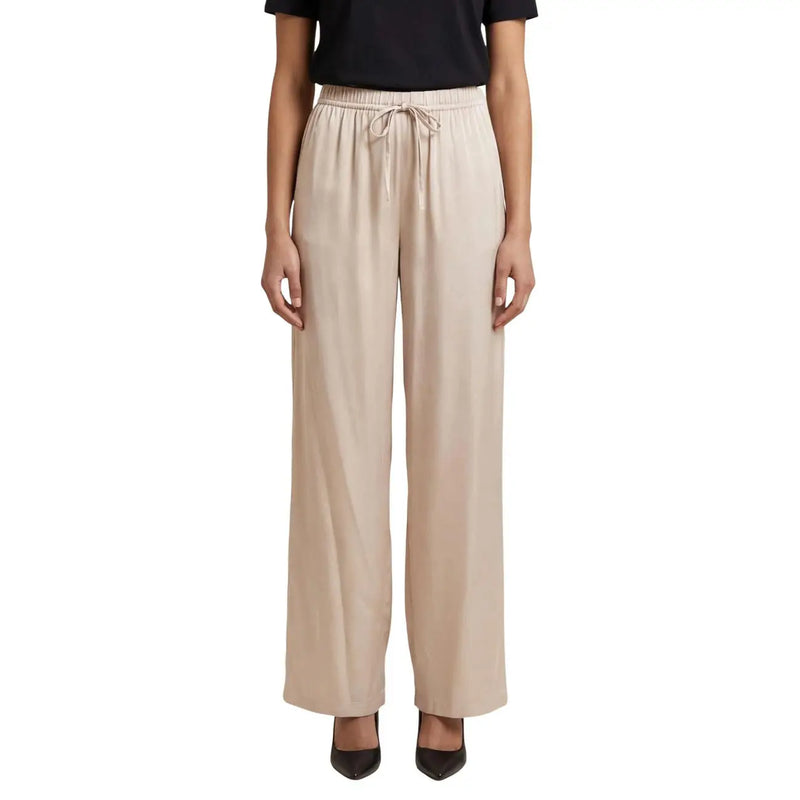 Beige polyester viscose wide-leg trousers for women with elastic waistband and matching drawstring laces