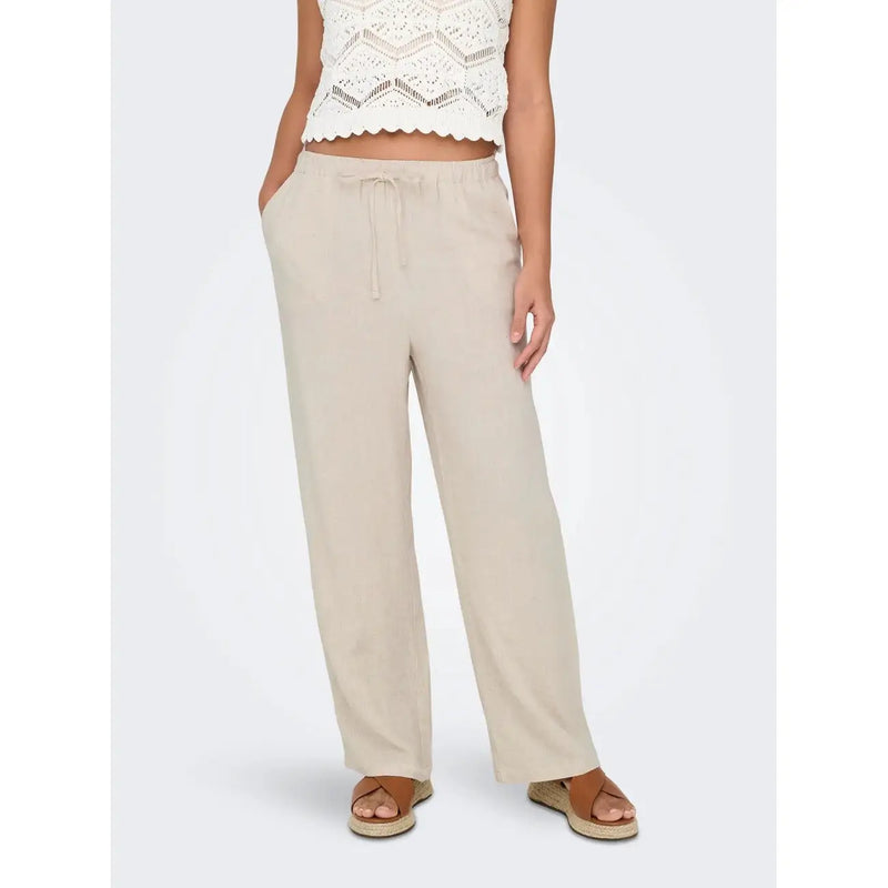 Beige wide-leg linen viscose trousers with drawstring waist and soft flowing fabric for spring summer by Only Women