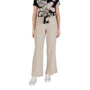 Beige wide-leg linen viscose trousers with drawstring waistband and black tie detail for spring summer women size M
