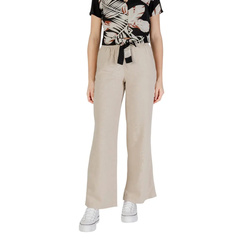 Beige wide-leg linen viscose trousers with drawstring waistband and black tie detail for spring summer women size M