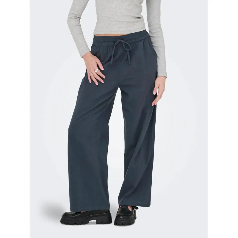 Only women black cotton trousers with lace detail shown as dark gray wide-leg sweatpants with elastic waistband and drawstring