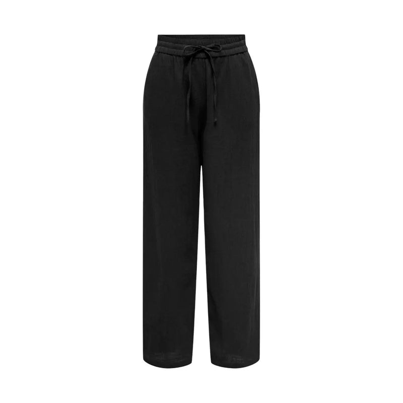 Black wide-leg cotton trousers for women with a drawstring waistband and lace detail by Only