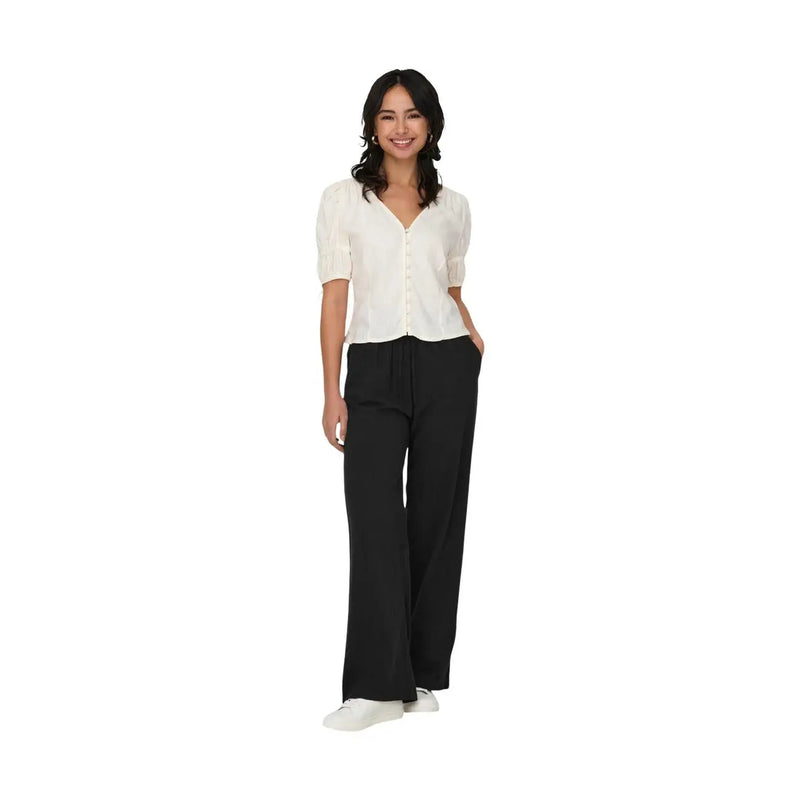 Black cotton wide-leg Only women trousers with lace detail and relaxed fit drawstring waistband