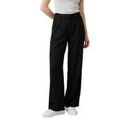 Black linen viscose high-waisted wide-leg trousers with tailored pleated front and straight-cut legs for spring summer use