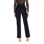 Black polyester high-waisted straight-leg only women trousers with subtle pleats at the back and zip button closure