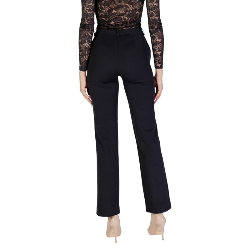 Black polyester high-waisted straight-leg only women trousers with subtle pleats at the back and zip button closure
