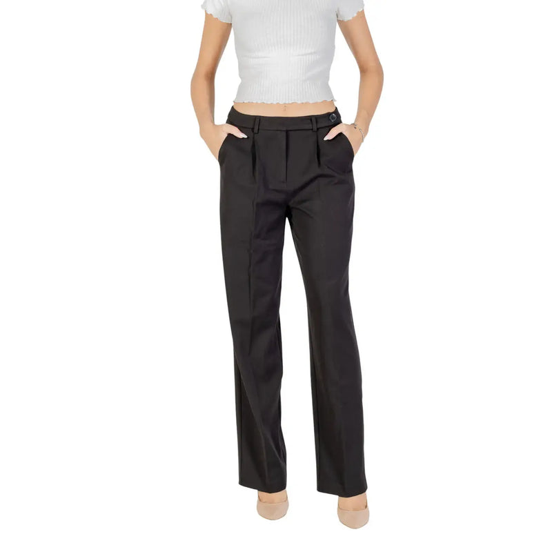 Black pleated only women trousers with zip button and regular straight-leg fit featuring subtle texture