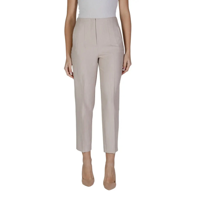 Beige high-waisted tailored trousers by Only Women with straight-leg cut zip front pockets and subtle front pleats
