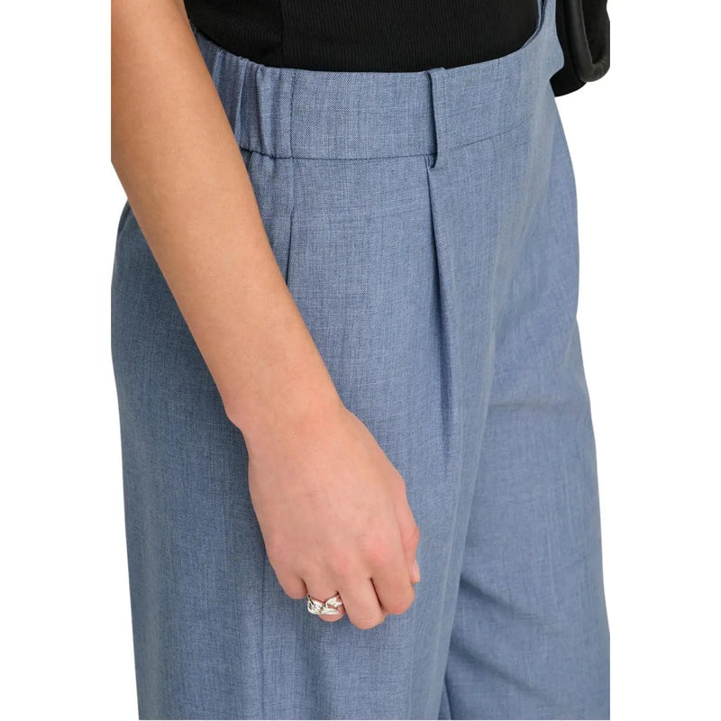 Blue textured high-waisted only women trousers with pleated front, elastic waistband, polyester, and zip closure size mm