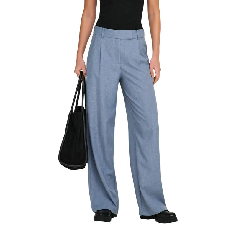 Light blue polyester only women trousers with wide-leg, tailored fit, zip closure, and subtle vertical waistband pleats