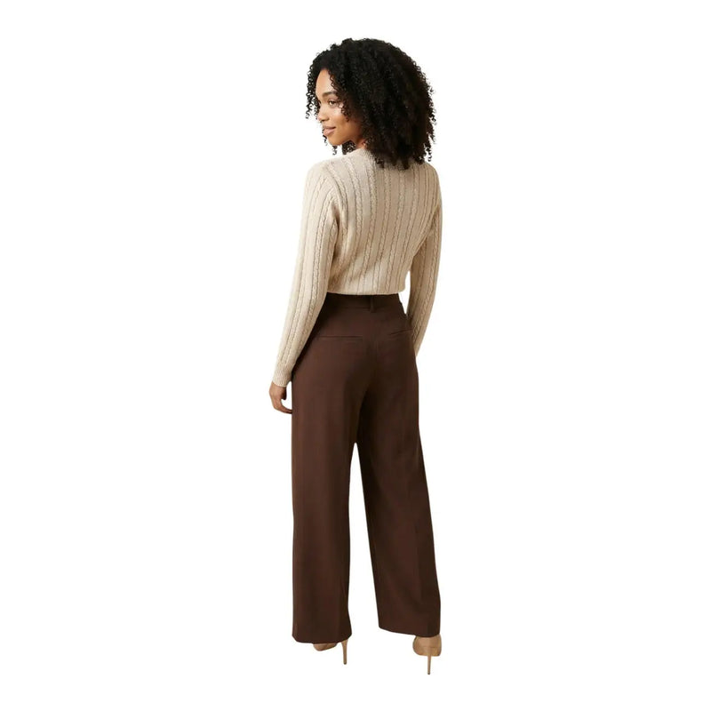 Only women slim fit brown polyester elastane trousers paired with beige ribbed knit sweater front view