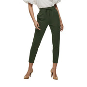 Olive green high-waisted tapered women trousers with drawstring waistband made of viscose blend size s