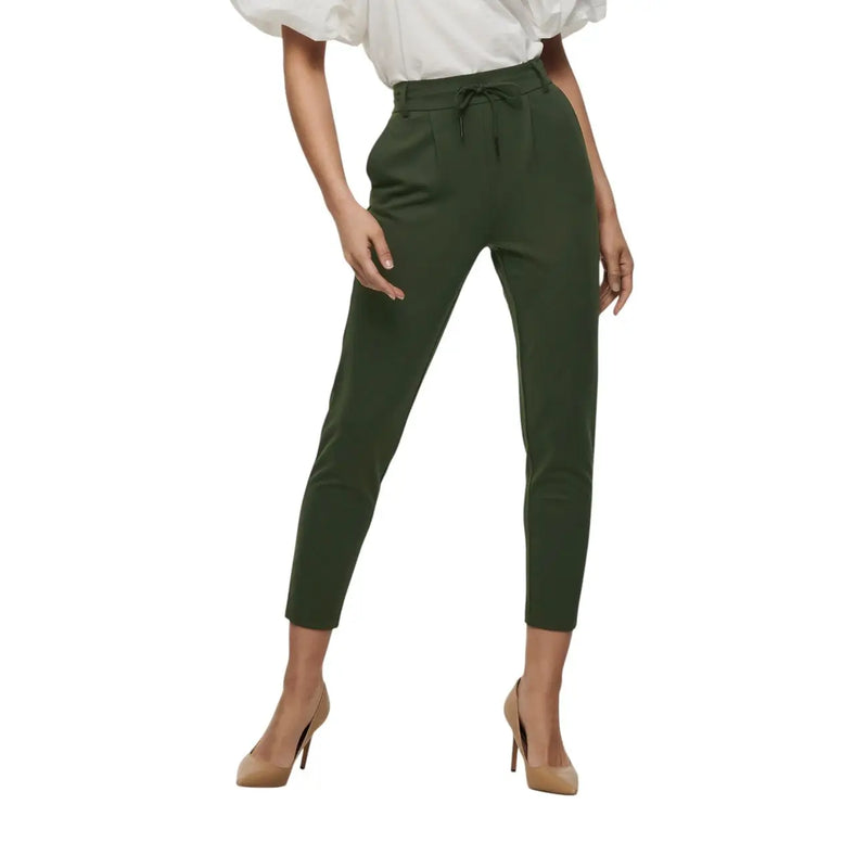 Olive green high-waisted tapered women trousers with drawstring waistband made of viscose blend size s