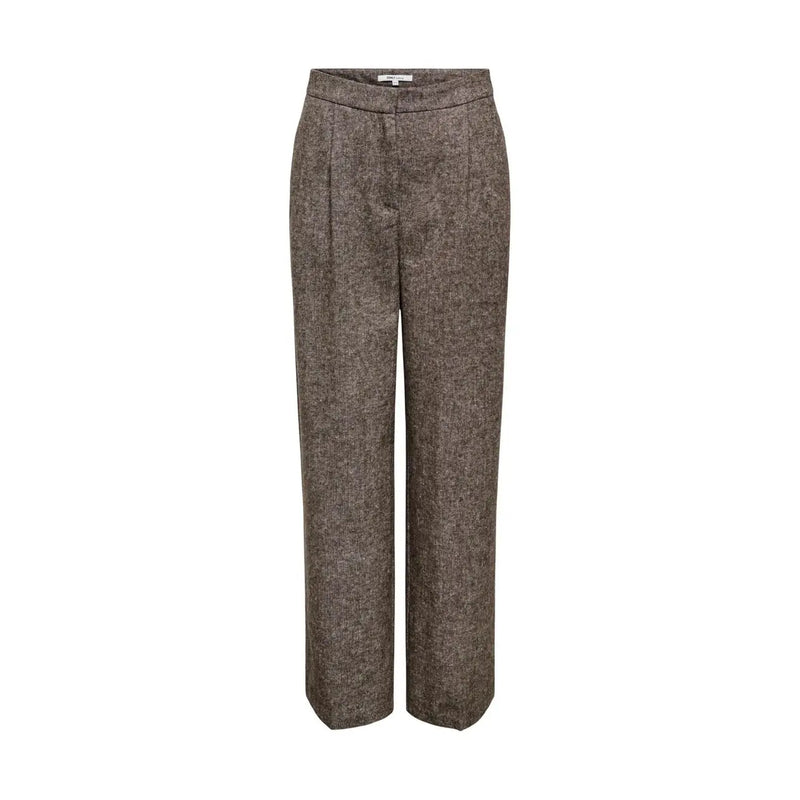 Only women grey polyester trousers with brown herringbone pattern wide-leg high waist and pleated front for fall winter