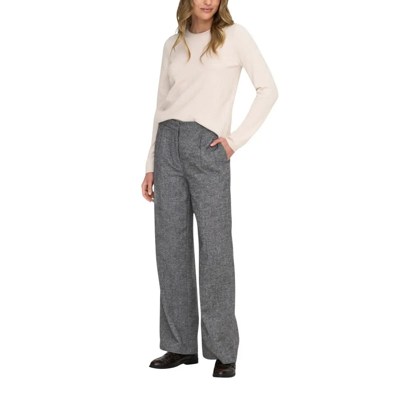Gray herringbone-patterned wide-leg polyester trousers for women from Only, suitable for fall and winter