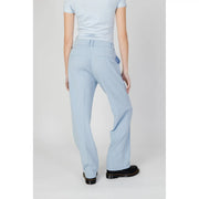 Only women light blue plain polyester trousers with straight legs and branded patch on the back pocket view