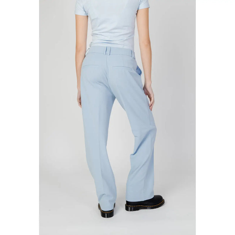 Only women light blue plain polyester trousers with straight legs and branded patch on the back pocket view