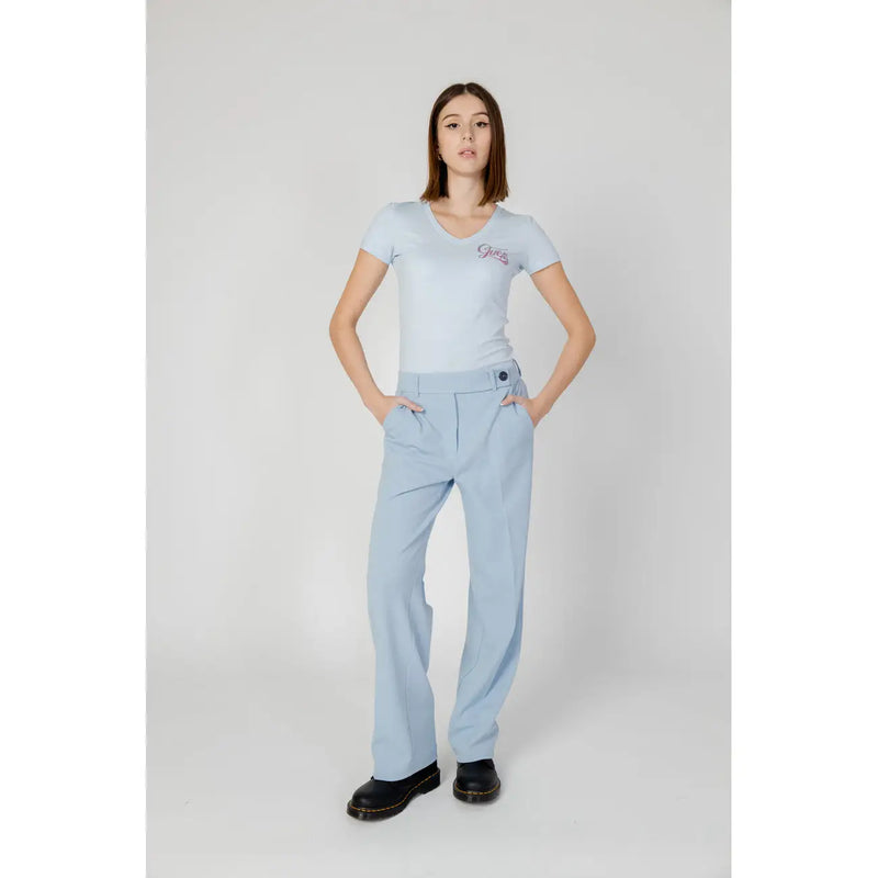 Light blue v-neck short sleeve polyester t-shirt with small embroidered logo on left chest for women trousers outfit