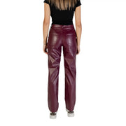 A pair of only women high-waisted straight-leg burgundy faux leather trousers with classic back pockets shown from the back