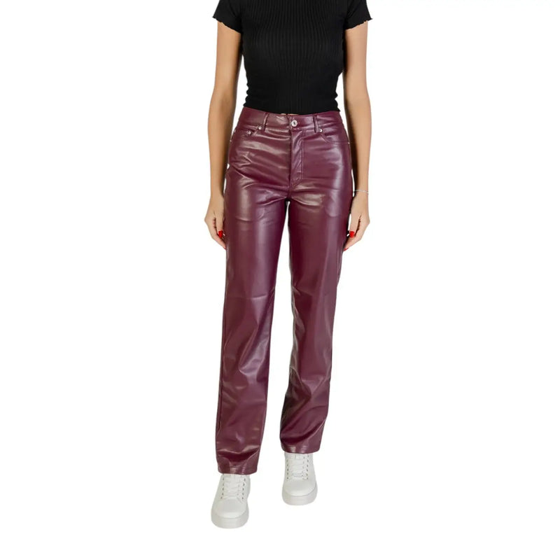 High-waisted burgundy faux leather trousers with glossy finish polyester zip button and classic five-pocket design
