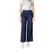 Navy blue cotton wide-leg women trousers with white side stripes and elastic waistband for spring summer use
