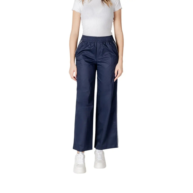 Navy blue cotton wide-leg women trousers with white side stripes and elastic waistband for spring summer use