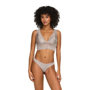 Gray lace bra with delicate floral patterns and matching gray thong made of polyester straps by Only Women Underwear