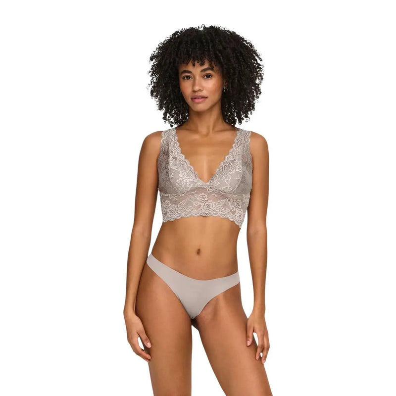 Gray lace bra with delicate floral patterns and matching gray thong made of polyester straps by Only Women Underwear