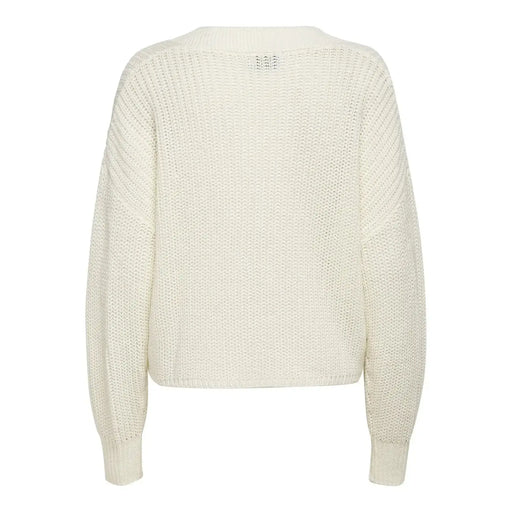 Cremefarbener, locker sitzender Strickpullover mit Rippenmuster und langen Ärmeln für Damen aus Acryl