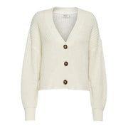 Cream-colored ribbed knit acrylic v neck button cardigan for women with three dark brown buttons by Only