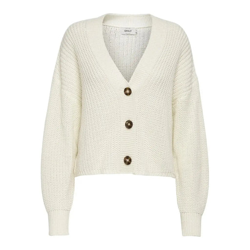 Cremefarbene, gerippte Acryl-Strickjacke mit V-Ausschnitt und drei dunkelbraunen Knöpfen für Damen von Only