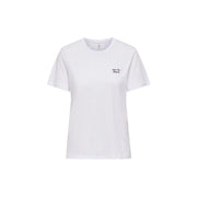 Only women white cotton short round neck t shirt size s with small black embroidered text on left chest