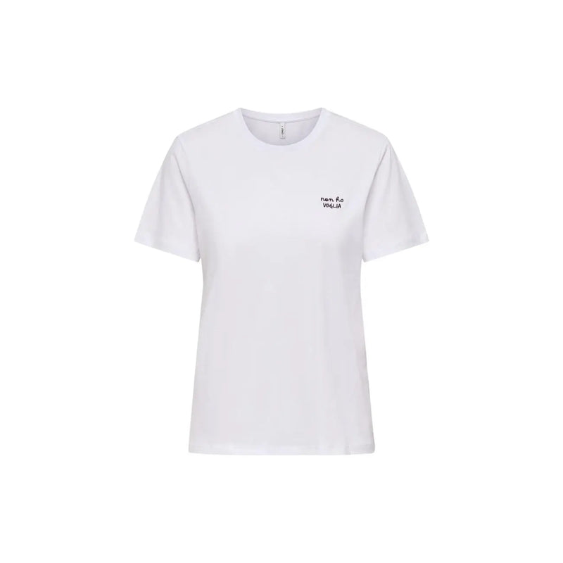 Only women white cotton short round neck t shirt size s with small black embroidered text on left chest