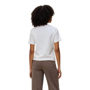 White cotton short-sleeved t shirt for women size S showing back side with subtle red logo on pocket