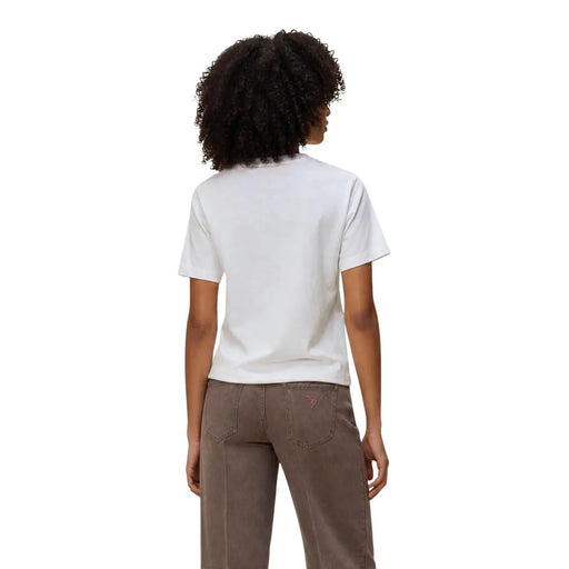White cotton short-sleeved t shirt for women size S showing back side with subtle red logo on pocket