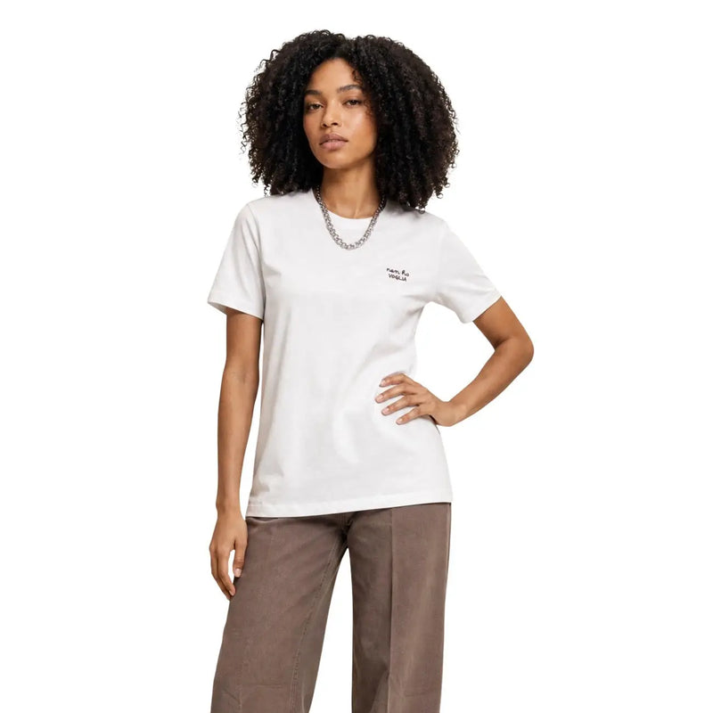 Only women white cotton short round neck t shirt size S with a small black embroidered logo on the left chest