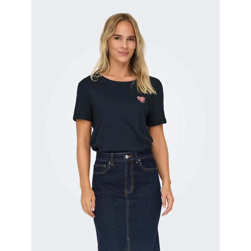 Only Women navy blue cotton short sleeve t shirt with a small embroidered pink heart on the left chest article 15244714