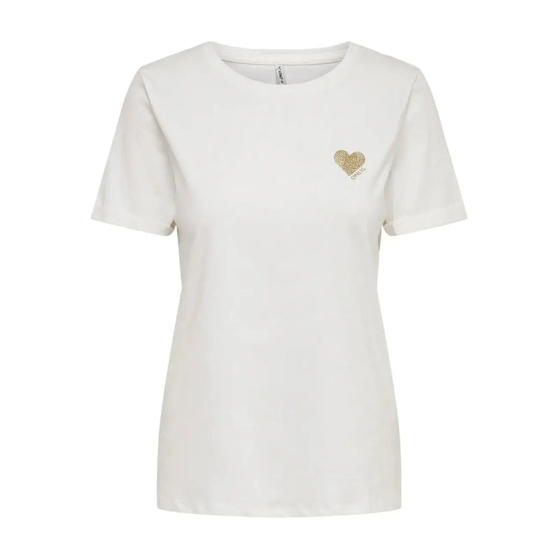Only Women white round neck cotton short t shirt featuring a delicate gold glitter heart embroidered on the left chest