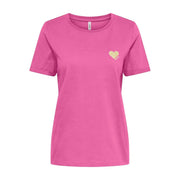 Only women white round neck cotton short t shirt featuring a vibrant pink color with a small glittery gold heart embroidery