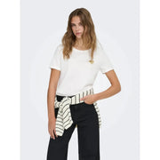Only women white round neck cotton short t shirt with small gold heart emblem on left chest article 15244714