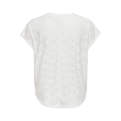 White eyelet polyester t shirt with short sleeves and round neckline by Only women size S front view