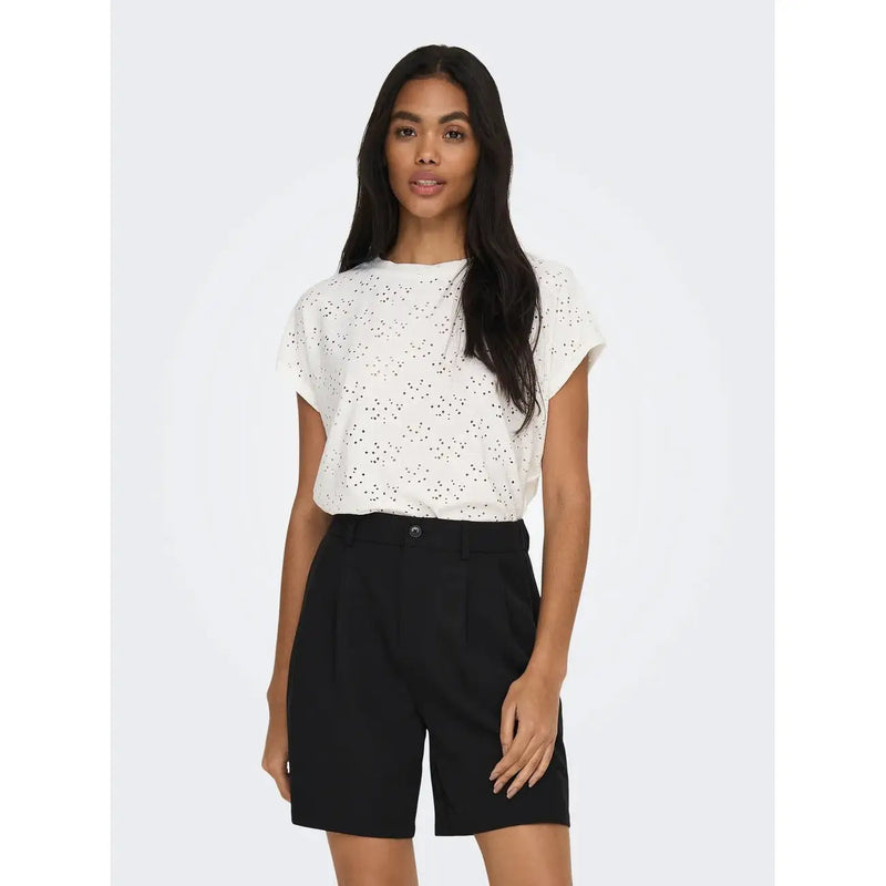 Only Women white short-sleeved polyester blouse with black dot embroidery and round neck size S front view